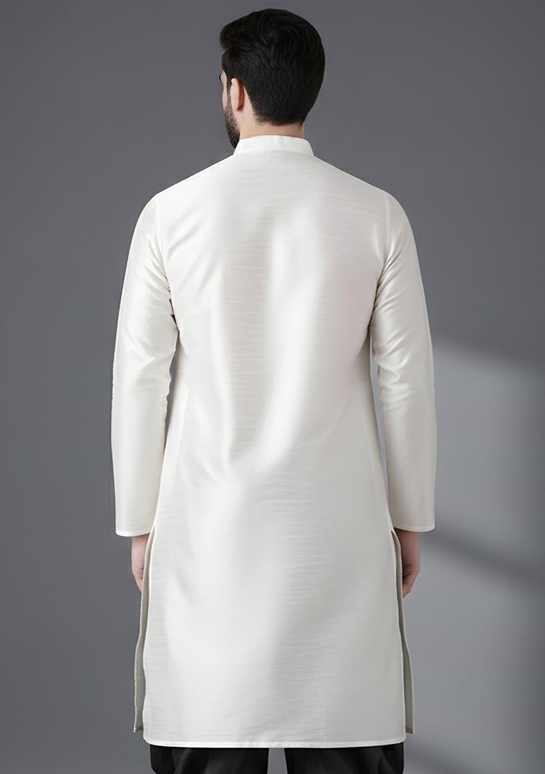 White Embroidery Silk Kurta For Men - Indya