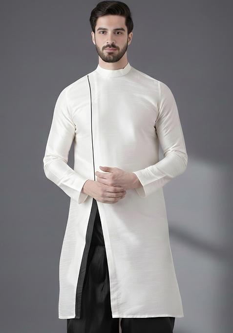 White Embroidery Silk Kurta For Men