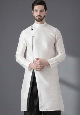 White Embroidery Silk Kurta For Men