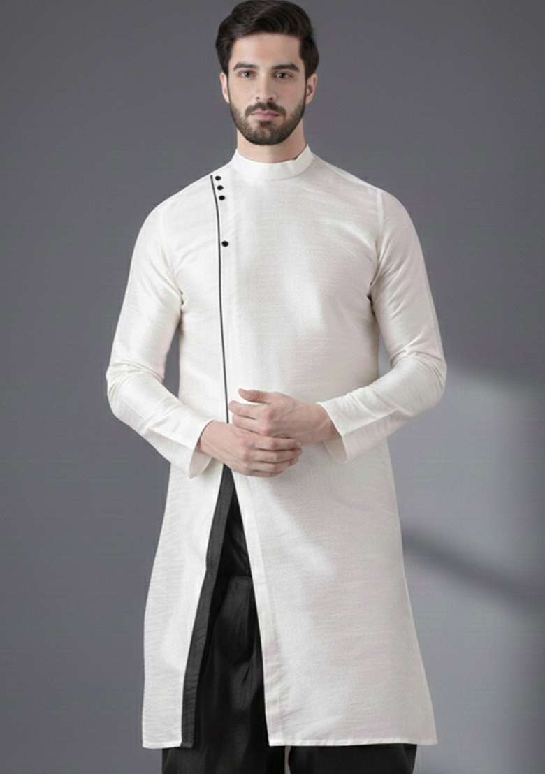 White Embroidery Silk Blend Kurta For Men - Indya