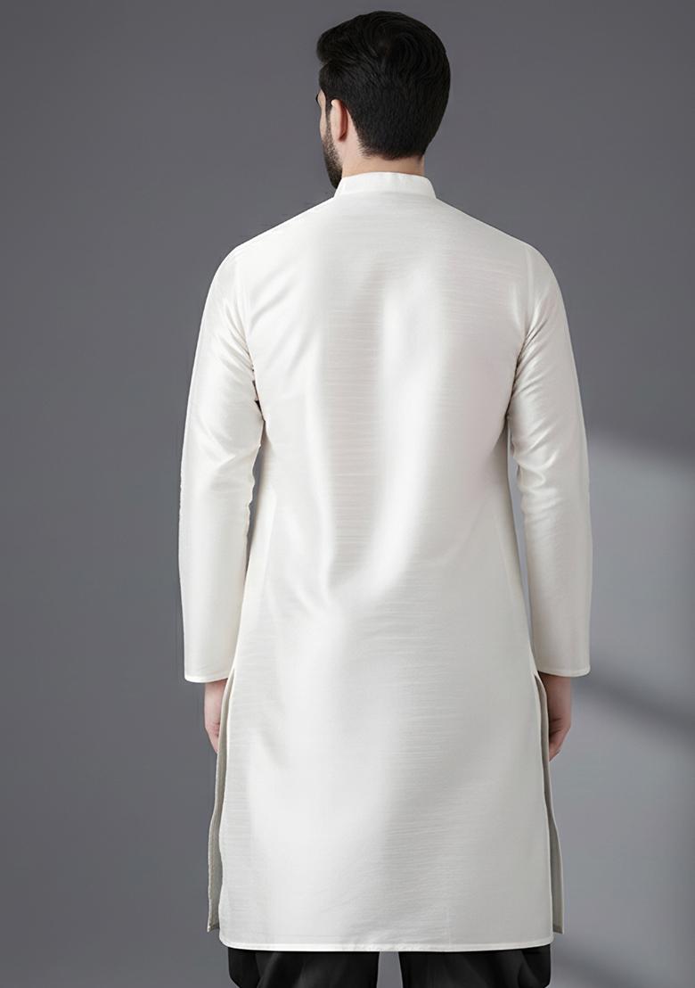 White Embroidery Silk Kurta For Men - Indya