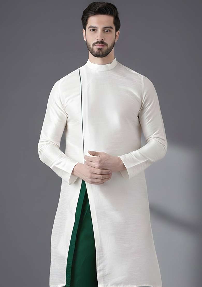 White Embroidery Silk Blend Kurta For Men - Indya