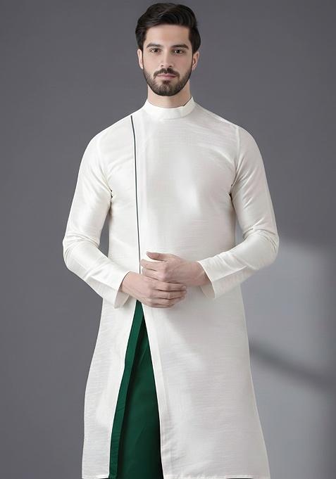 White Embroidery Silk Kurta For Men