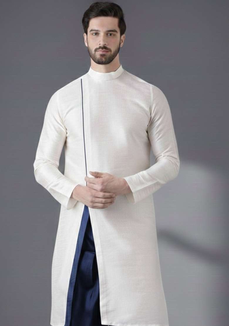 White Embroidery Silk Blend Kurta For Men - Indya