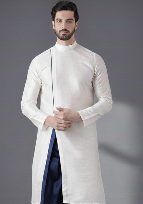 White Embroidery Silk Kurta For Men