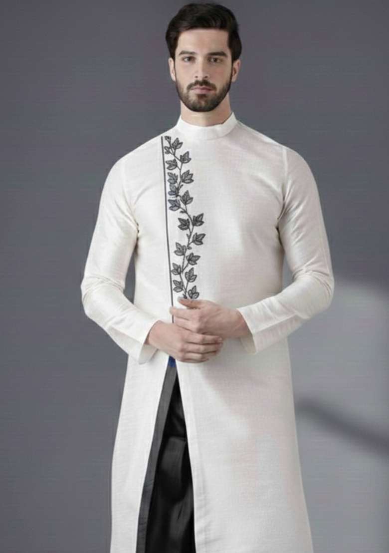 White Embroidery Silk Blend Kurta For Men - Indya