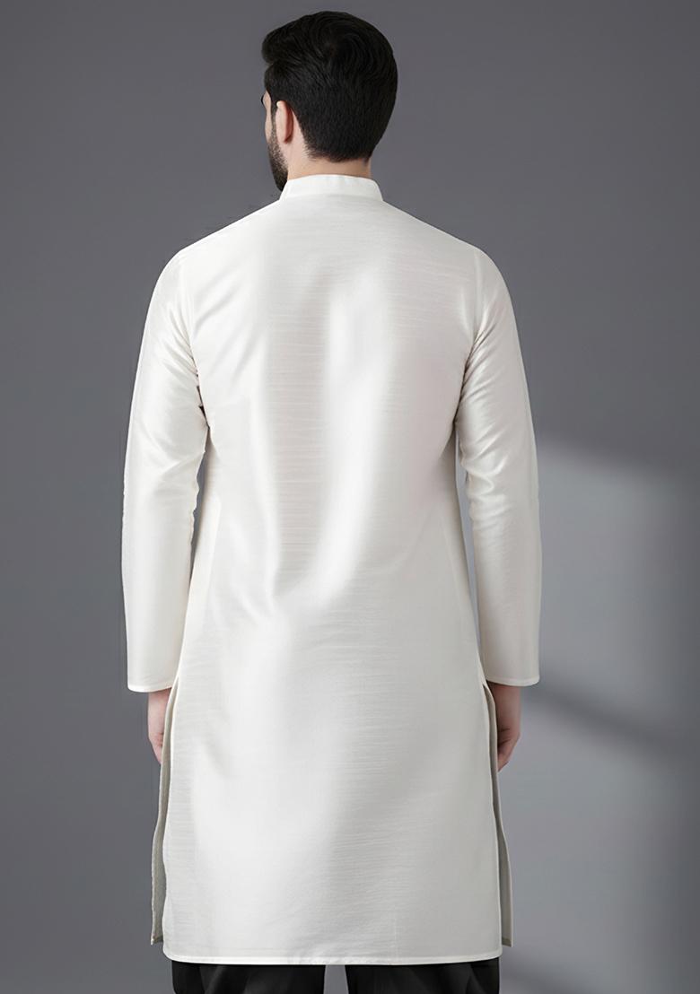 White Embroidery Silk Kurta For Men - Indya