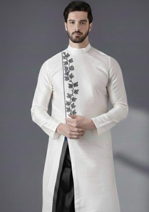 White Embroidery Silk Kurta For Men