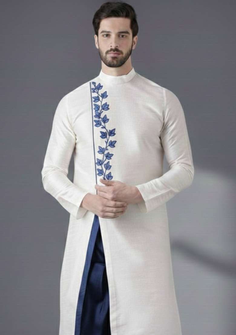 White Embroidery Silk Blend Kurta For Men - Indya