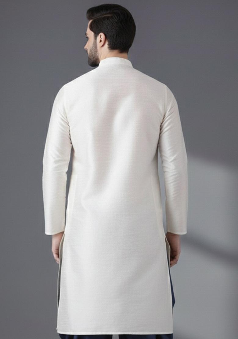 White Embroidery Silk Kurta For Men - Indya