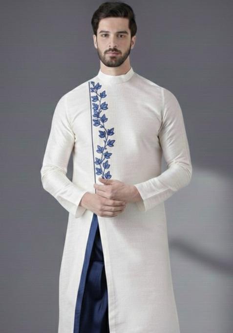 White Embroidery Silk Kurta For Men