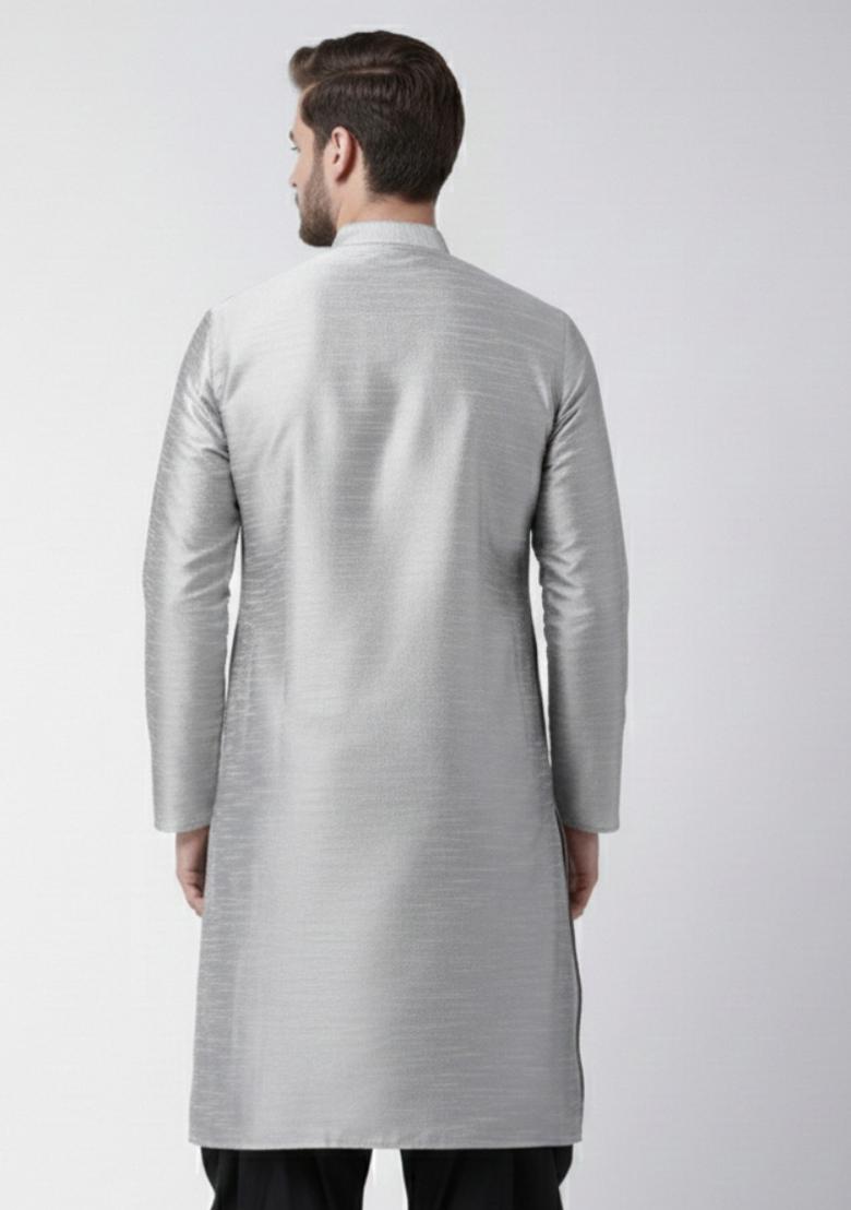 Grey Embroidery Silk Kurta For Men - Indya