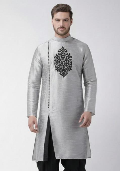 Grey Embroidery Silk Kurta For Men