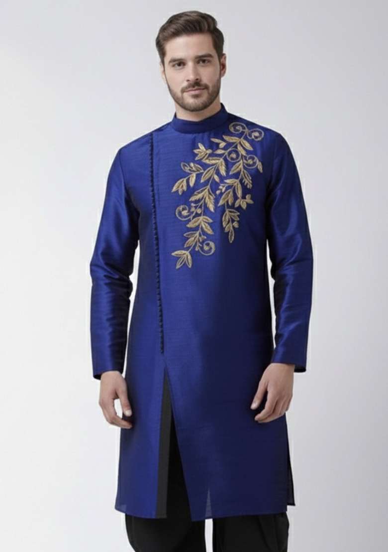 Royal Blue Embroidery Silk Blend Kurta For Men - Indya