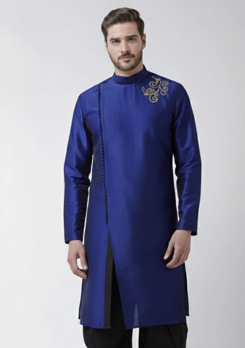 Royal Blue Embroidery Silk Blend Kurta For Men - Indya