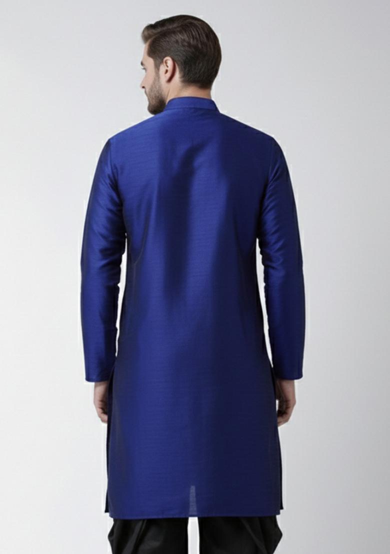 Royal Blue Embroidery Silk Kurta For Men - Indya