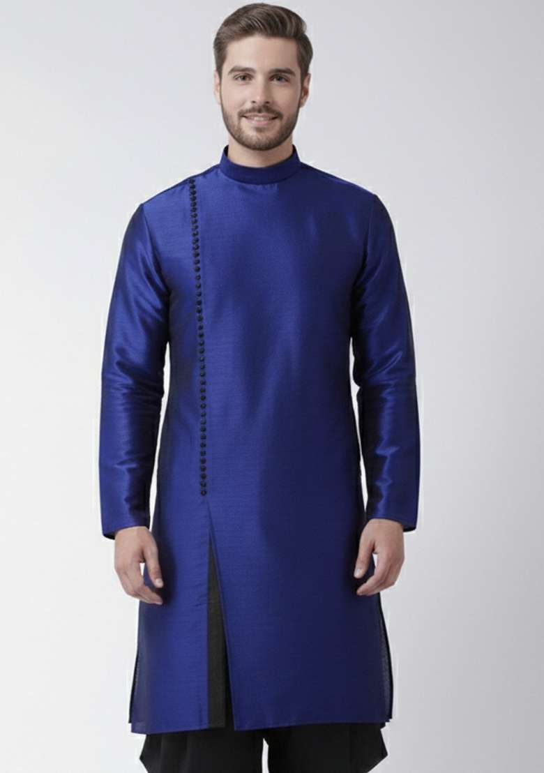 Royal Blue Embroidery Silk Blend Kurta For Men - Indya