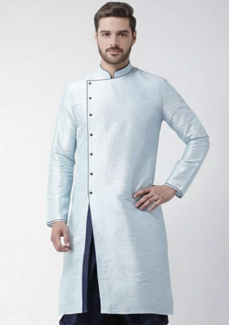 Light Blue Embroidery Silk Blend Kurta For Men - Indya