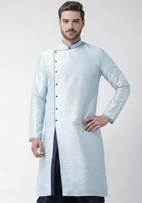 Light Blue Embroidery Silk Kurta For Men