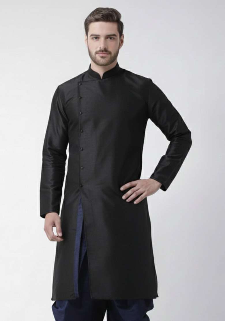 Black Embroidery Silk Blend Kurta For Men - Indya