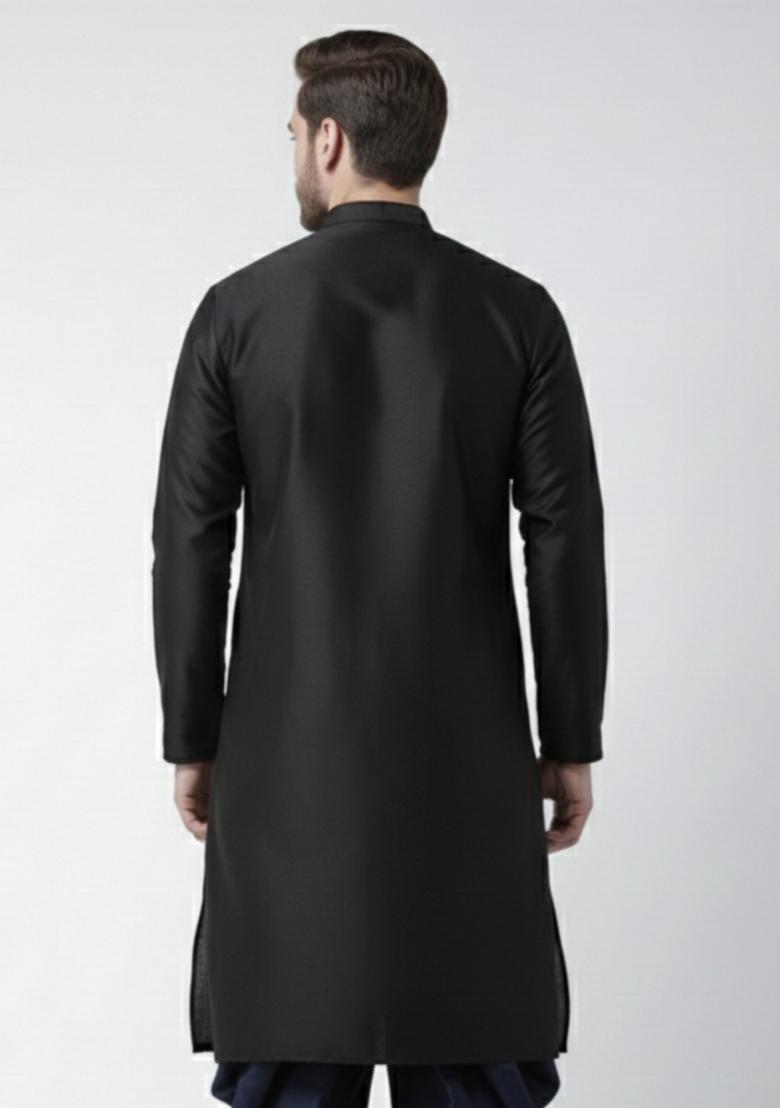 Black Embroidery Silk Kurta For Men - Indya