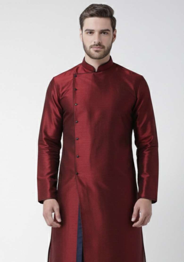 Maroon Embroidery Silk Blend Kurta For Men - Indya