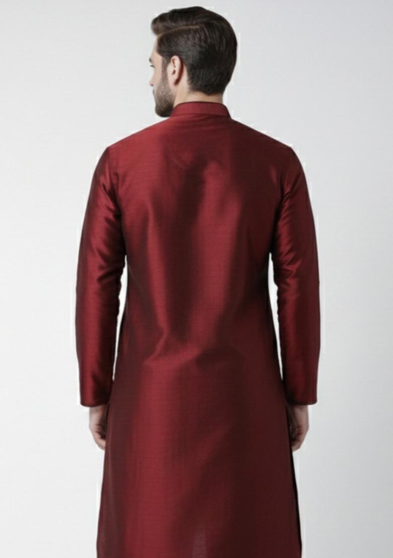 Maroon Embroidery Silk Kurta For Men - Indya