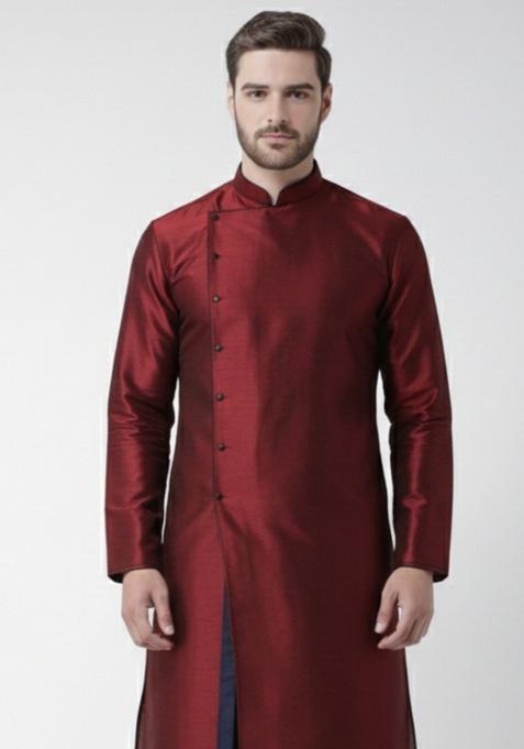 Maroon Embroidery Silk Kurta For Men