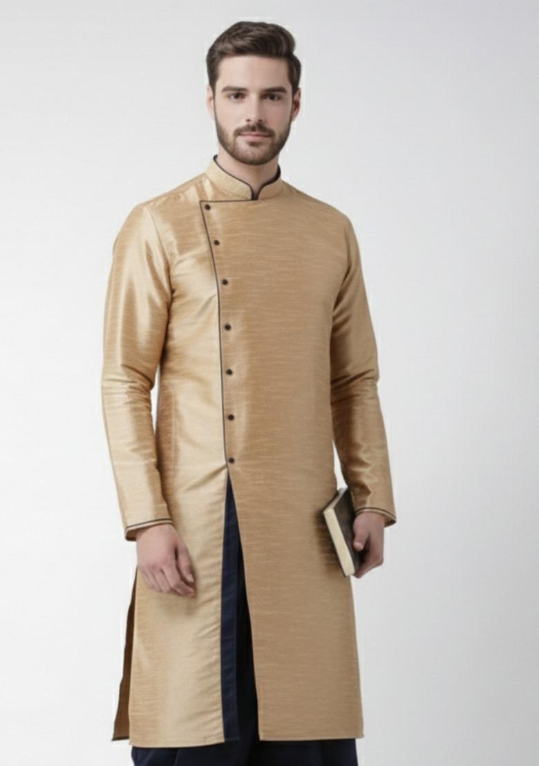 Golden Embroidery Silk Kurta For Men - Indya