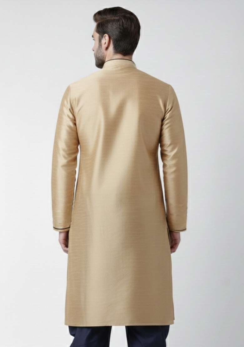 Golden Embroidery Silk Blend Kurta For Men - Indya