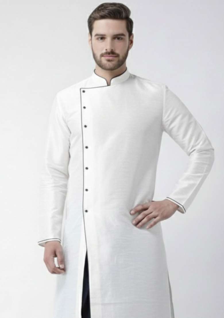 White Embroidery Silk Blend Kurta For Men - Indya