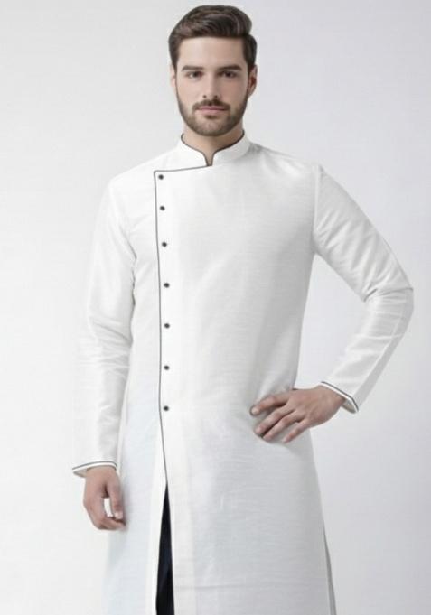 White Embroidery Silk Kurta For Men