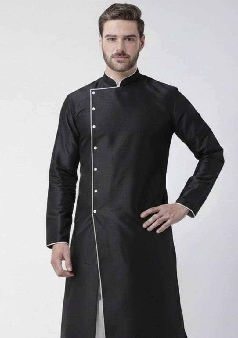 Black Embroidery Silk Blend Kurta For Men - Indya