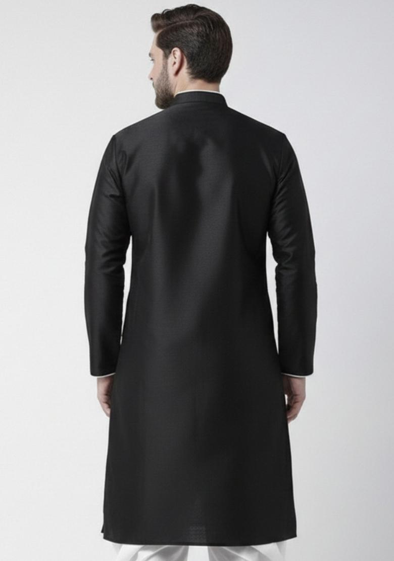 Black Embroidery Silk Kurta For Men - Indya