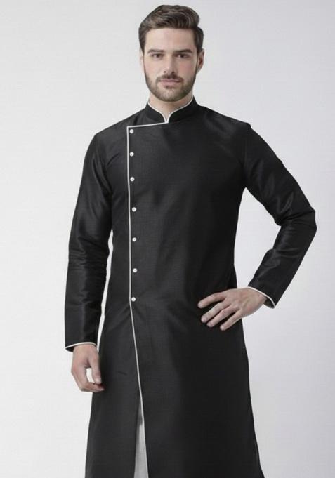 Black Embroidery Silk Kurta For Men