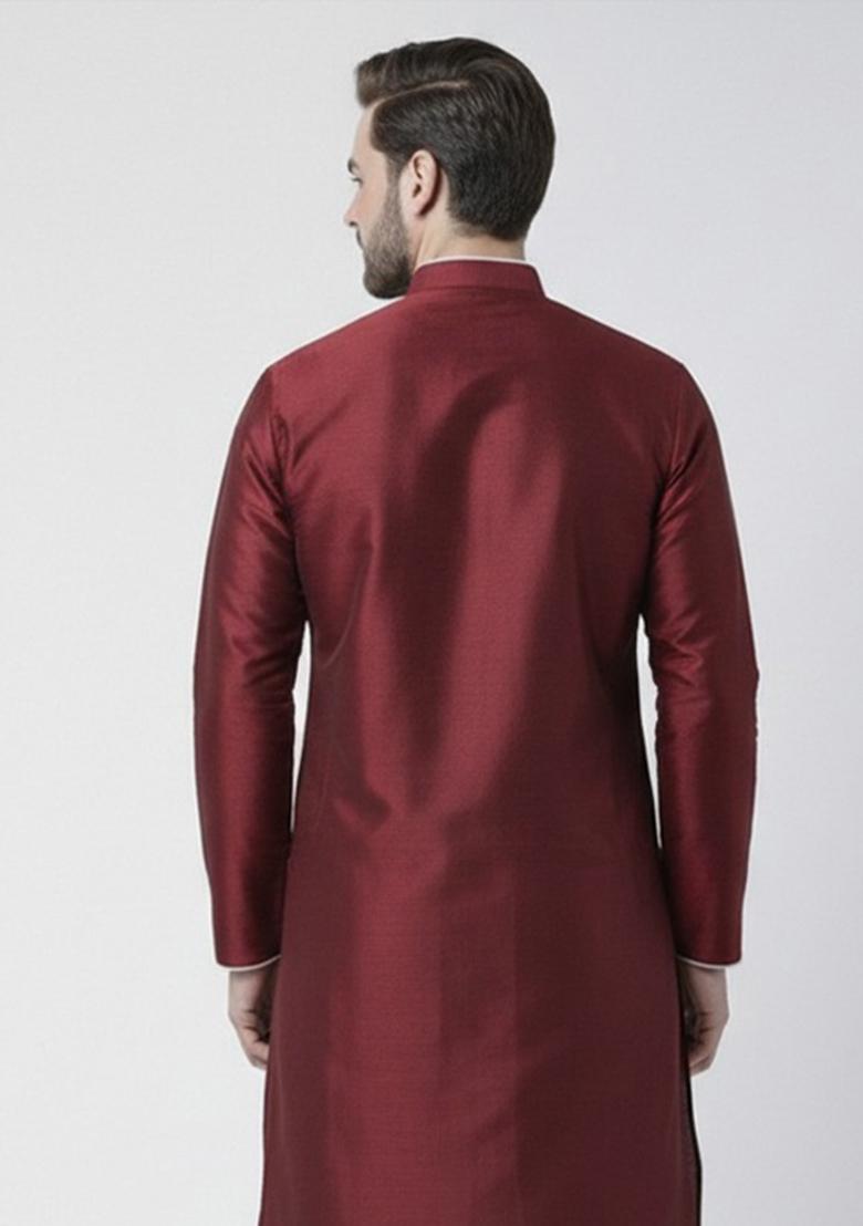 Maroon Embroidery Silk Kurta For Men - Indya