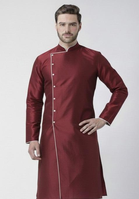 Maroon Embroidery Silk Kurta For Men