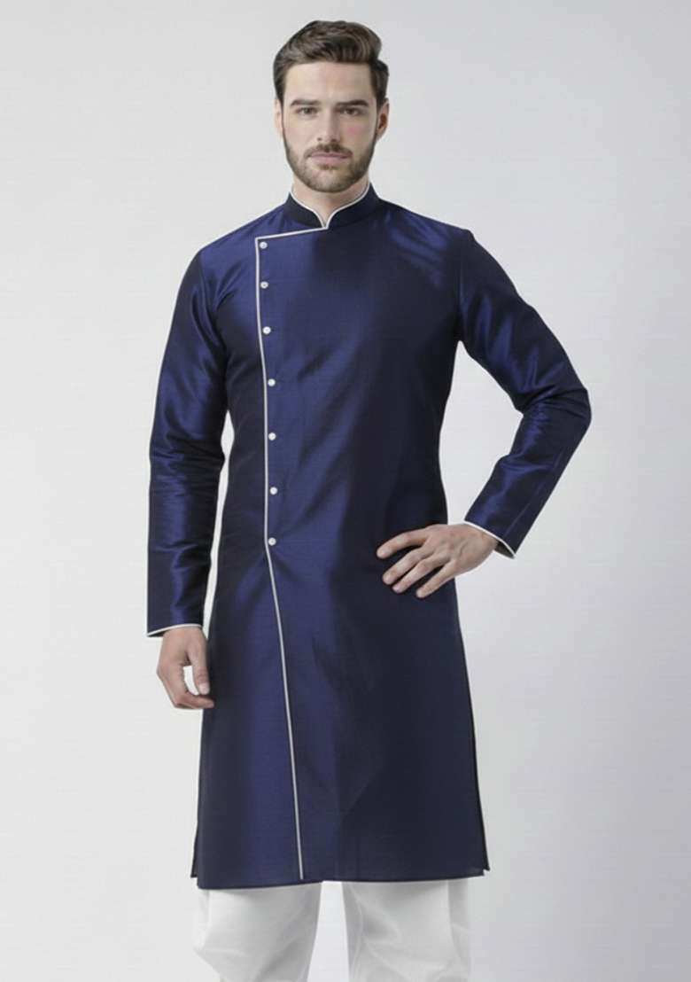 Navy Blue Embroidery Silk Blend Kurta For Men - Indya