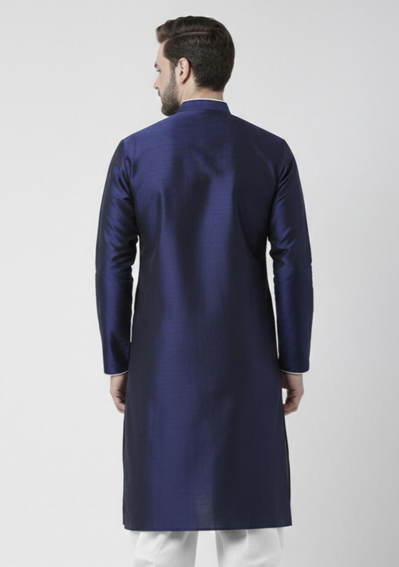 Navy Blue Embroidery Silk Kurta For Men - Indya