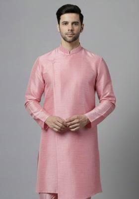 Pink Embroidery Silk Kurta For Men
