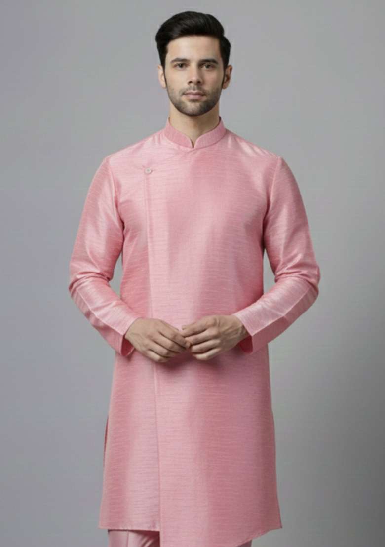 Pink Embroidery Silk Blend Kurta For Men - Indya