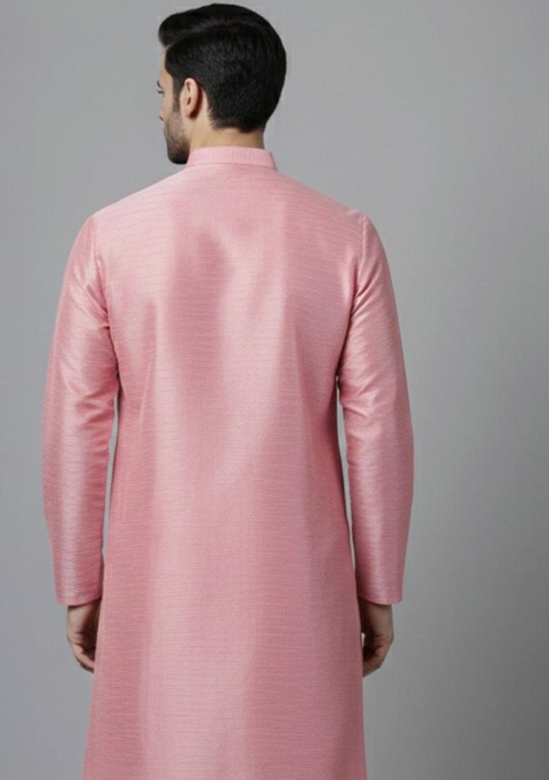 Pink Embroidery Silk Kurta For Men - Indya