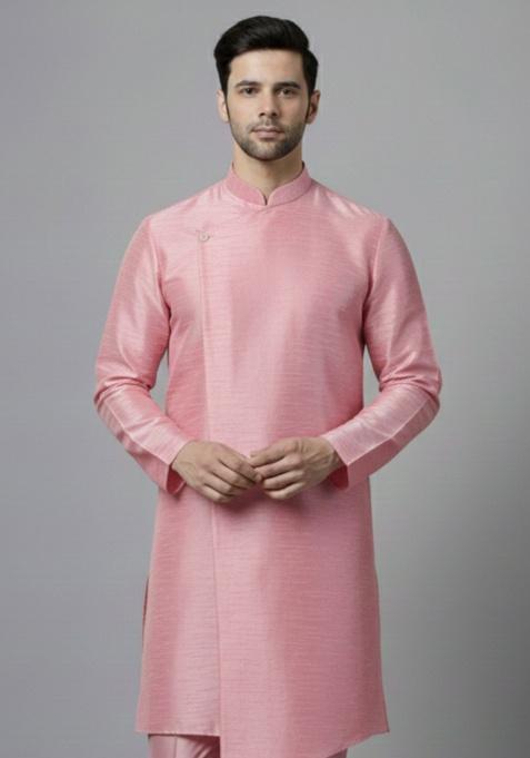 Pink Embroidery Silk Kurta For Men