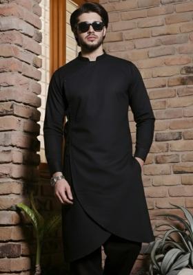 Black Embroidery Cotton Kurta For Men