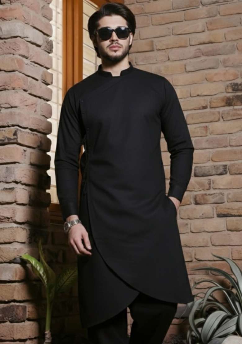Black Embroidery Cotton Kurta For Men - Indya