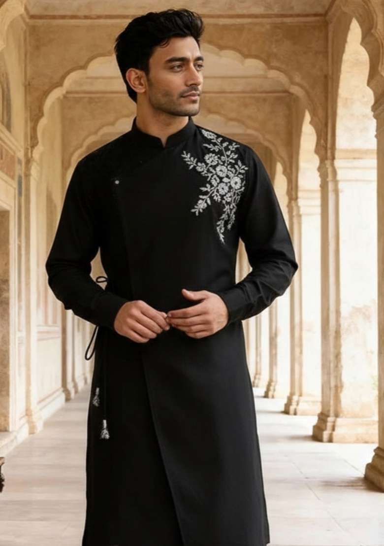Black Embroidery Cotton Kurta For Men - Indya