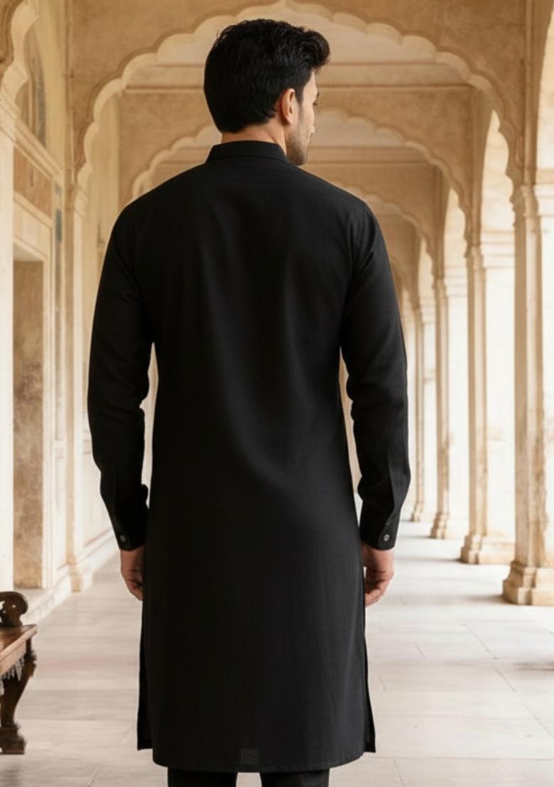 Black Embroidery Cotton Kurta For Men - Indya