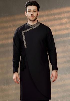 Black Embroidery Cotton Kurta For Men