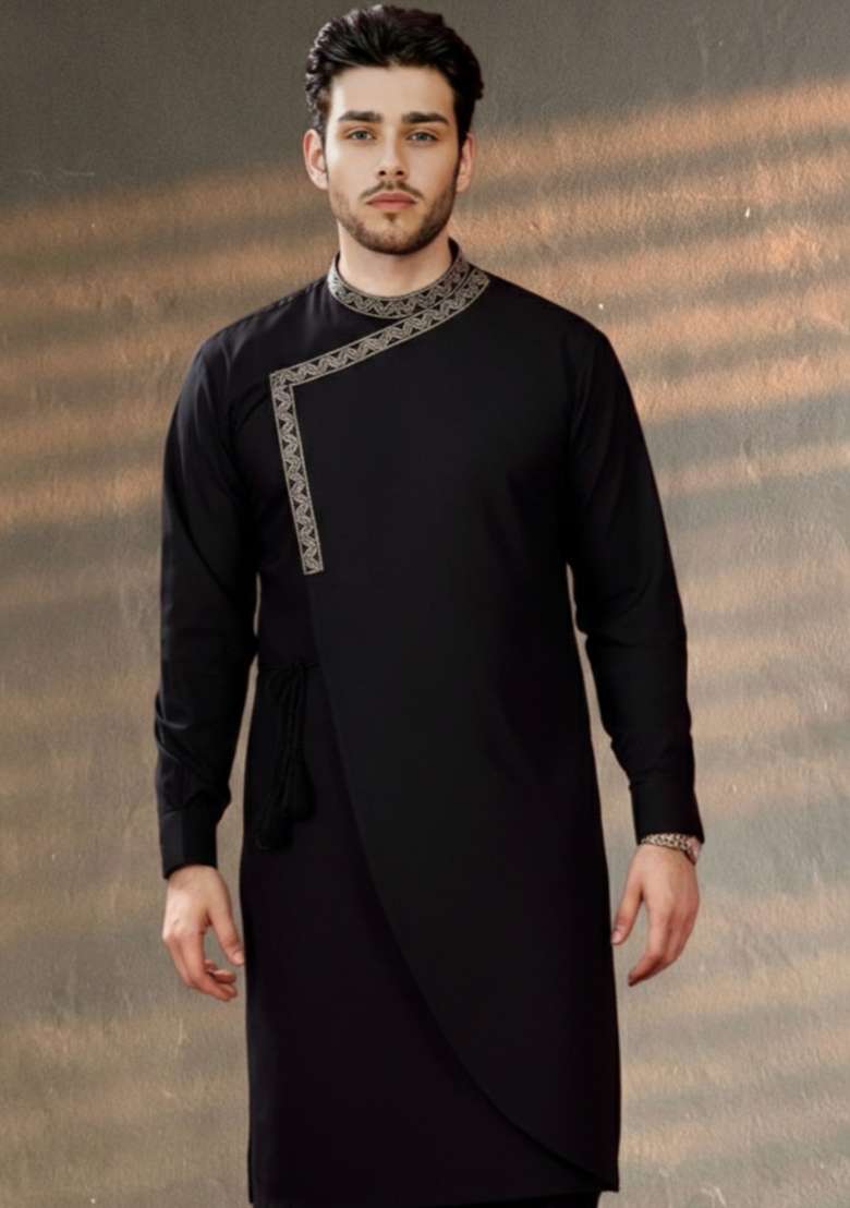 Black Embroidery Cotton Kurta For Men - Indya