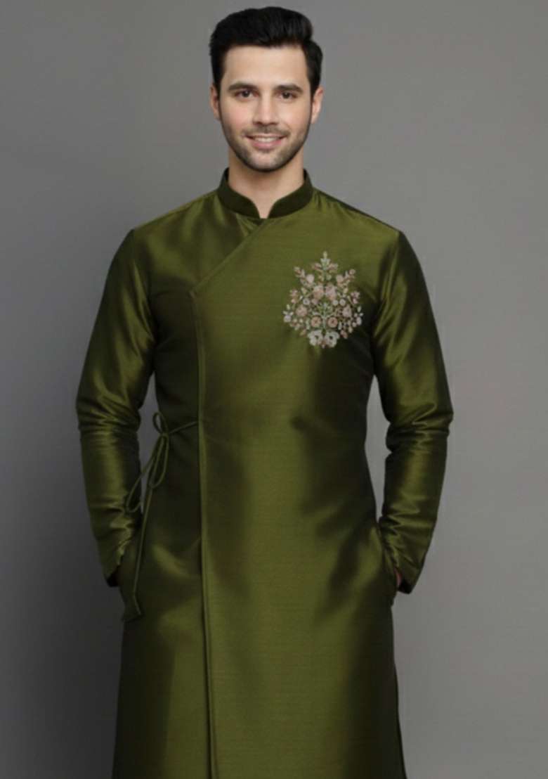 Mehendi Embroidery Silk Blend Kurta For Men - Indya